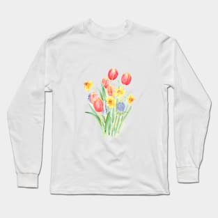 red tulips and yellow daffodils watercolor Long Sleeve T-Shirt